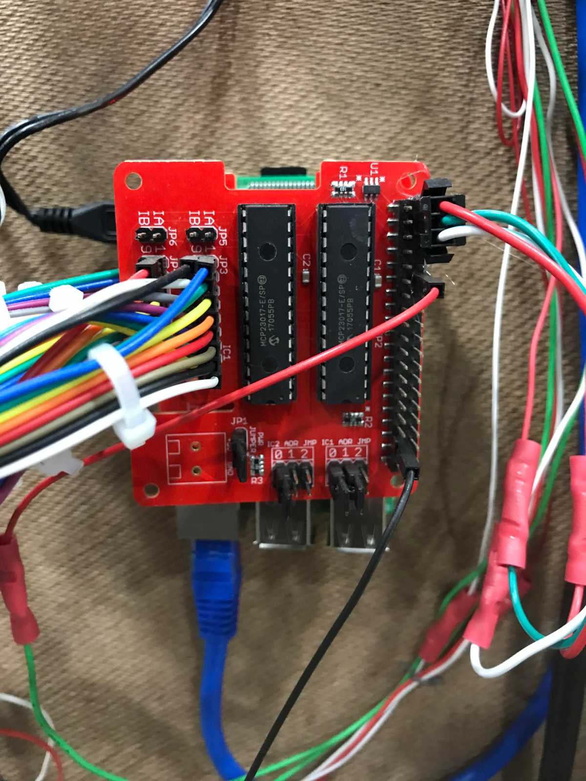 The MCP23017 HAT with everything plugged in
